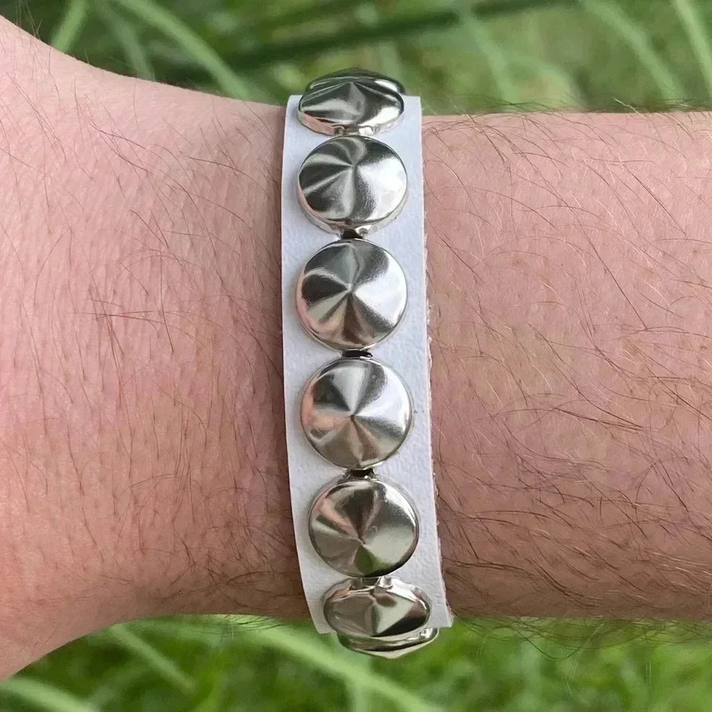 White Leather Punk Goth Rock Metal Stud Snap Cuff Bracelet NWT